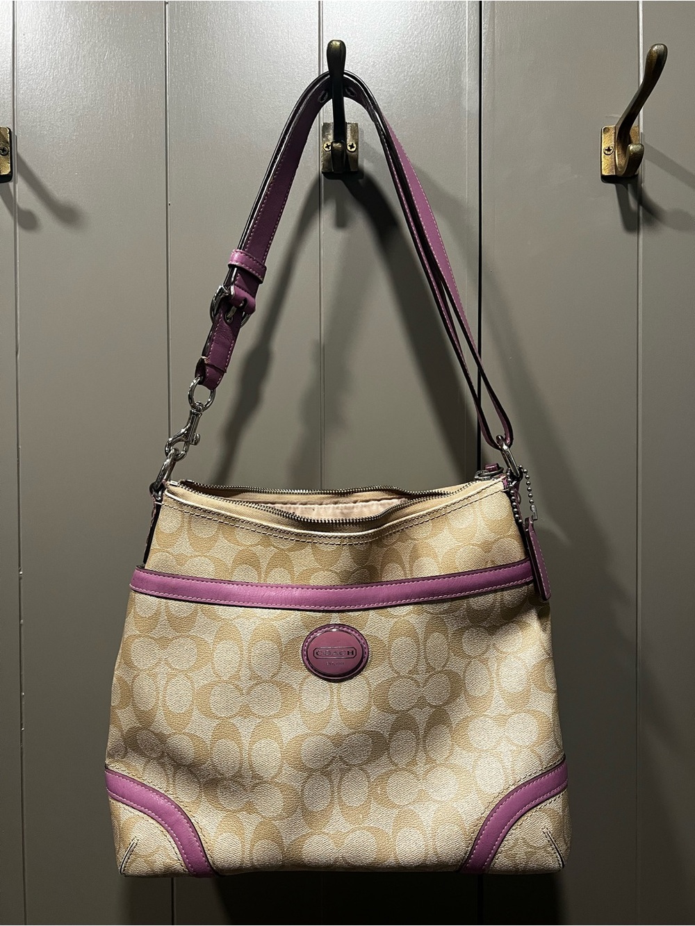 Coach Chelsea Heritage Stripe Signature Tote Bag F18925 - Orchid/Khaki